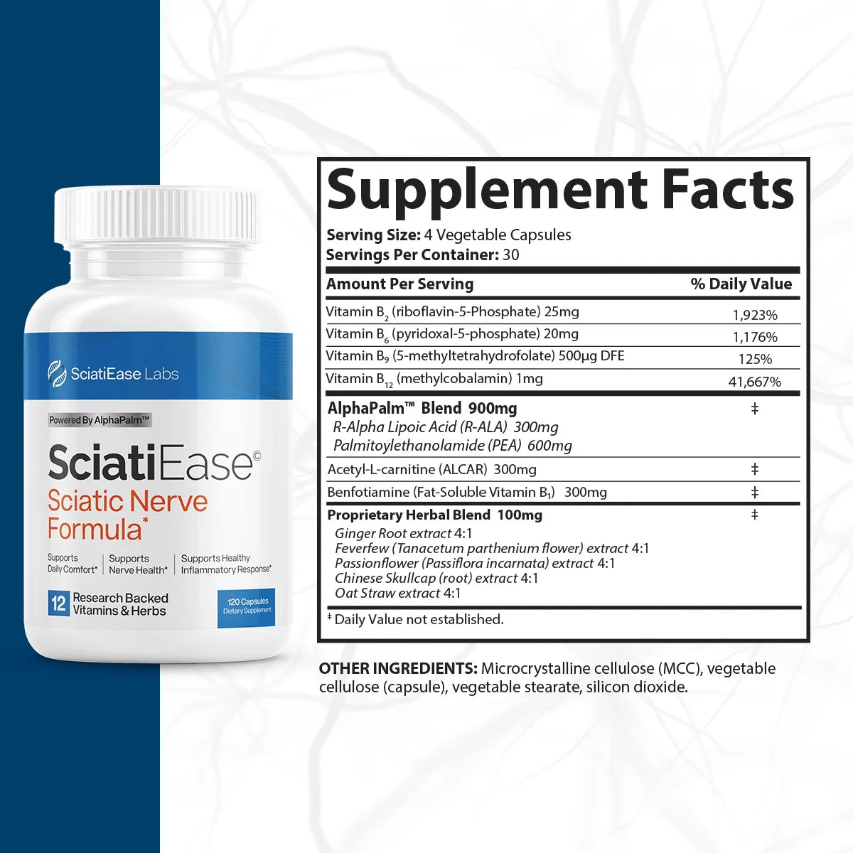 SciatiEase Sciatic Nerve Support Supplement – AlphaPalm, PEA, B Complex – 120 Capsules