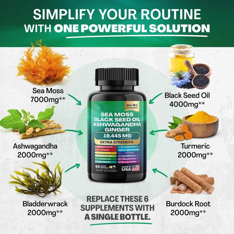 Sea Moss & Shilajit Capsules Bundle β 60 Count Each β 16-in-1 & 8-in-1 Multivitamin with Ashwagandha, Turmeric, Ginseng, Rhodiola β 24 Ingredient Vitality Formula