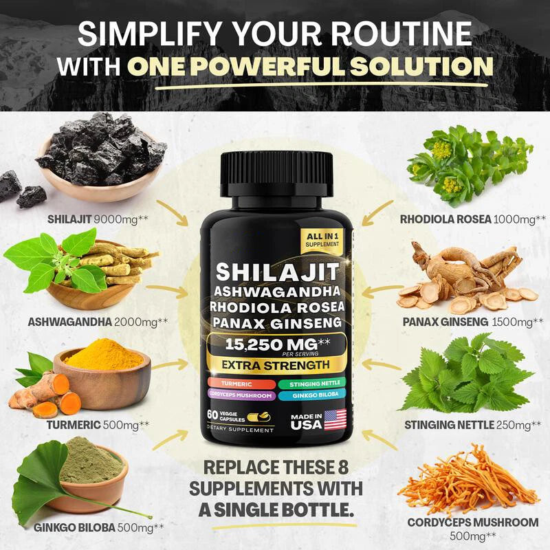 Sea Moss & Shilajit Capsules Bundle β 60 Count Each β 16-in-1 & 8-in-1 Multivitamin with Ashwagandha, Turmeric, Ginseng, Rhodiola β 24 Ingredient Vitality Formula