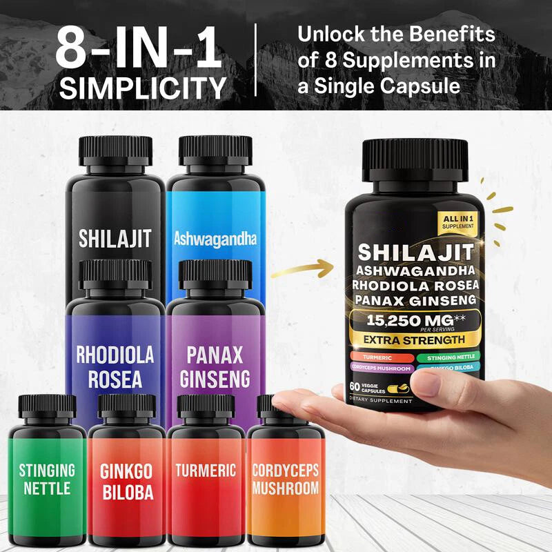 Sea Moss & Shilajit Capsules Bundle β 60 Count Each β 16-in-1 & 8-in-1 Multivitamin with Ashwagandha, Turmeric, Ginseng, Rhodiola β 24 Ingredient Vitality Formula