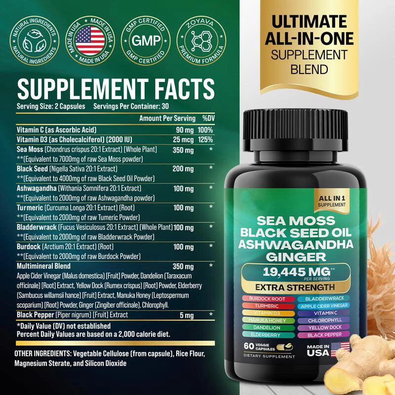 Sea Moss & Shilajit Capsules Bundle β 60 Count Each β 16-in-1 & 8-in-1 Multivitamin with Ashwagandha, Turmeric, Ginseng, Rhodiola β 24 Ingredient Vitality Formula