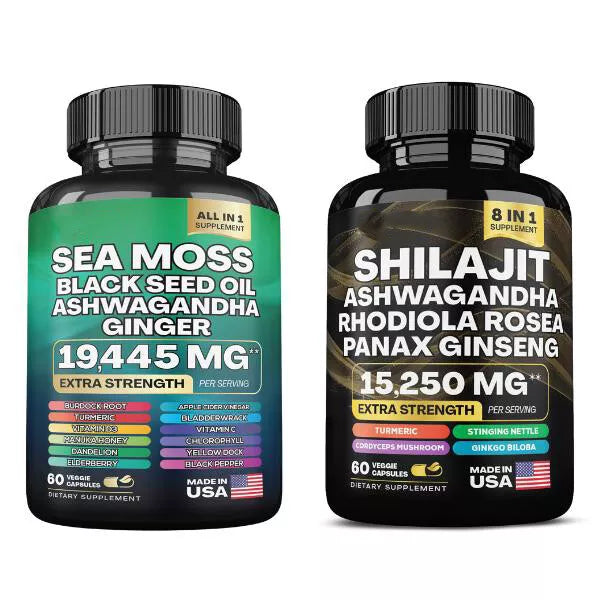 Sea Moss & Shilajit Capsules Bundle β 60 Count Each β 16-in-1 & 8-in-1 Multivitamin with Ashwagandha, Turmeric, Ginseng, Rhodiola β 24 Ingredient Vitality Formula