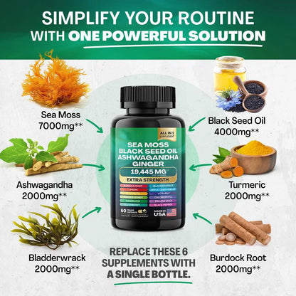 Sea Moss & Shilajit Capsules Bundle – 60 Count Each – 16-in-1 & 8-in-1 Multivitamin with Ashwagandha, Turmeric, Ginseng, Rhodiola – 24 Ingredient Vitality Formula