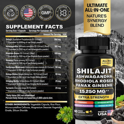 Sea Moss & Shilajit Capsules Bundle – 60 Count Each – 16-in-1 & 8-in-1 Multivitamin with Ashwagandha, Turmeric, Ginseng, Rhodiola – 24 Ingredient Vitality Formula
