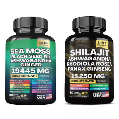 Sea Moss & Shilajit Capsules Bundle – 60 Count Each – 16-in-1 & 8-in-1 Multivitamin with Ashwagandha, Turmeric, Ginseng, Rhodiola – 24 Ingredient Vitality Formula