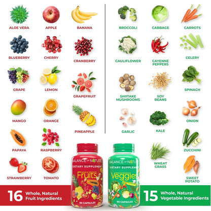 Balance of Nature Fruits & Veggies Supplements – 90 Fruit + 90 Veggie Capsules – Whole Food Nutrition